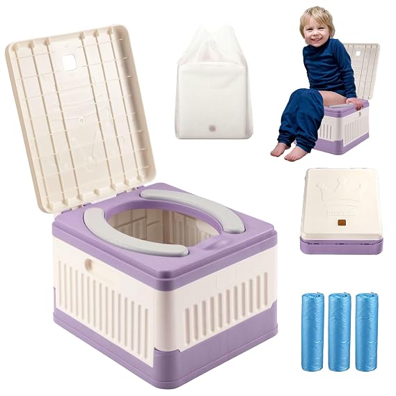 Portable Potty for Toddler Travel, Foldable Travel Potty Training Toilet Seat for Kids, Emergency Toilet for Car, Camping, Outdoor, Indoor, with 45 Disposable Bags-Purple