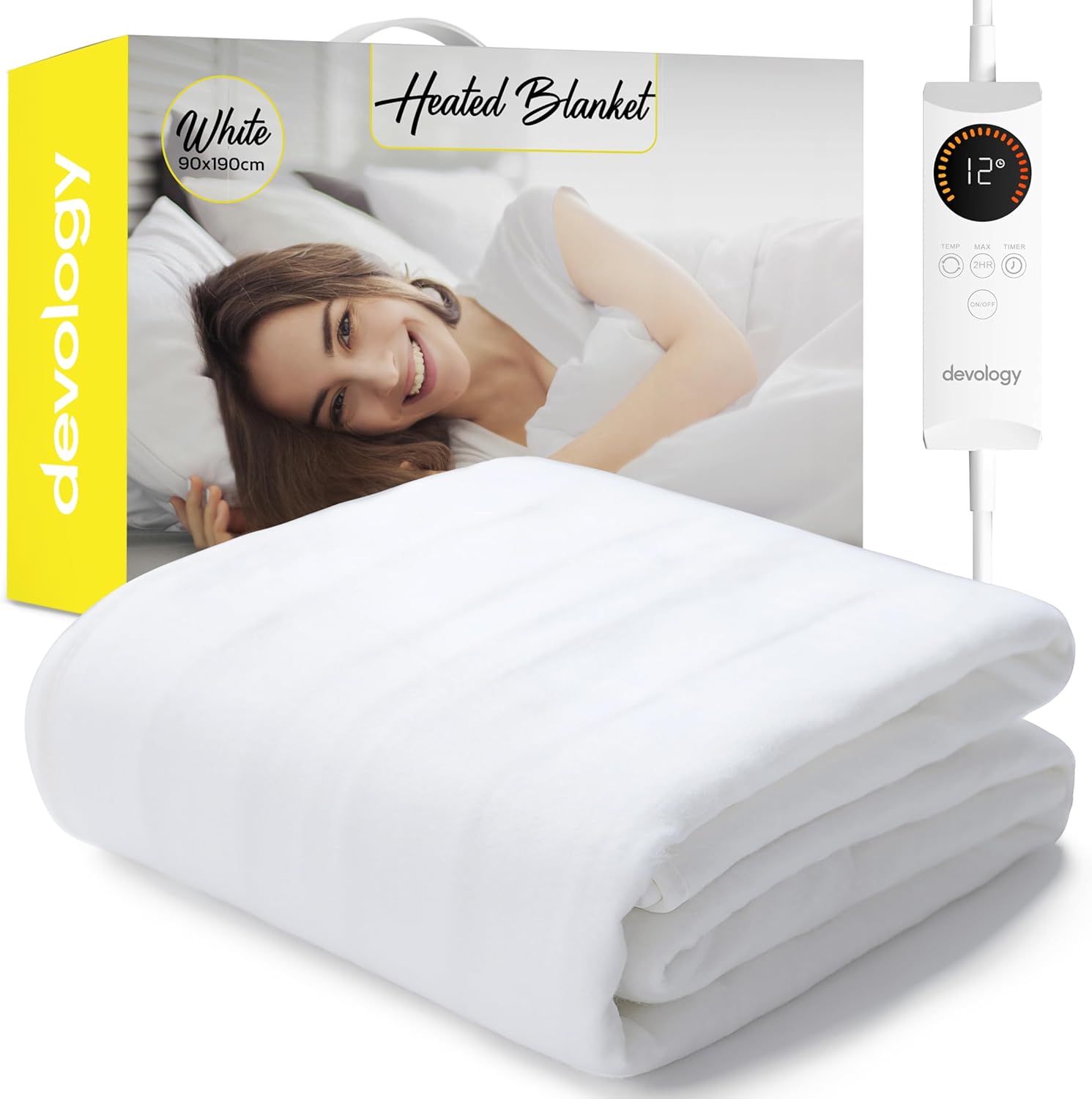 Electric Blanket - Fully Fitted Mattress Cover With Elastic Straps - Premium Fleece Easy Fit Heated Blanket - Detachable Controller & Machine Washable - Single - 90x190cm