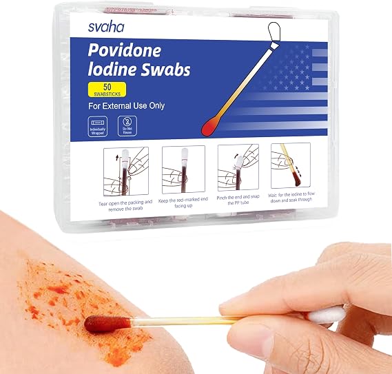 Povidone Iodine Swabsticks, 50 Count | FSA/HSA eligible, individually wrapped iodine swabs, PP storage case, minor cuts, scrapes, burns, nasal cleansing