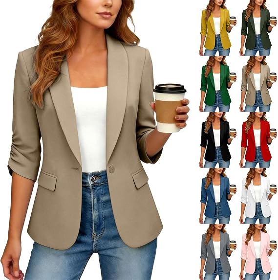 Blazers for Women 2026 Business Casual Open Front 3/4 Sleeve Suit Jacket Cropped Blazers Office Work Cardigan Jacket