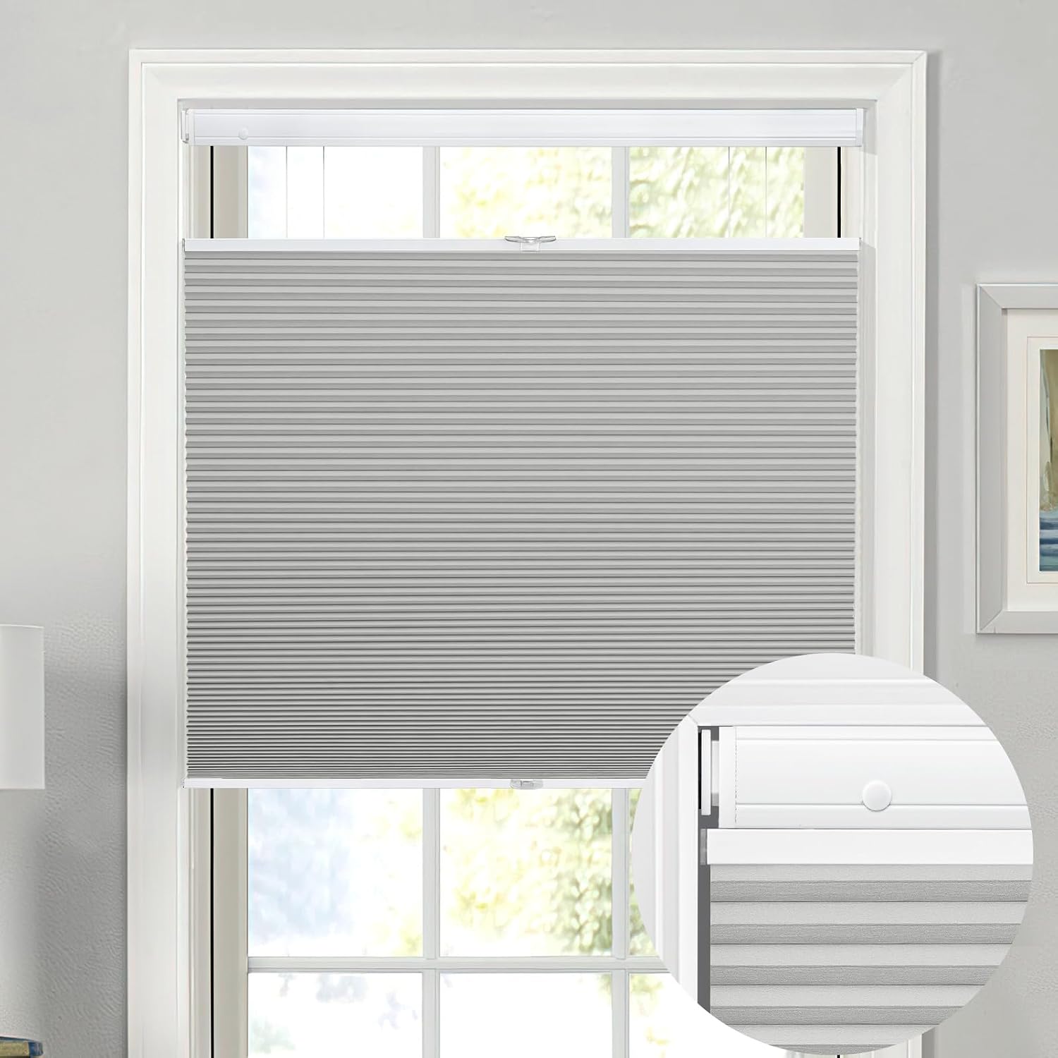 Top Down Bottom Up Honeycomb Blinds No Drill No Tools Cordless Cellular Pleated Shades 100% Blackout Thermal Window Shades Custom for Home Bedroom Office (Gray, 115cm W x 180cm H)