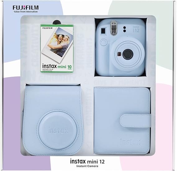 Instax mini 12 Camera 10-Piece Film Square Album and Leather Case Bundle Box (Blue)