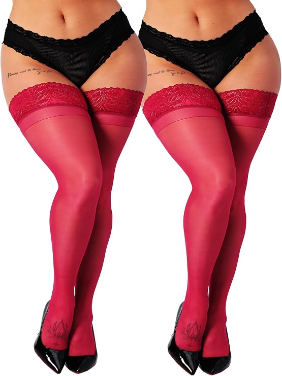 SUREPOCH Thigh High Stockings for Women, Silicone Lace Top Stay Up, Sheer 20D Nylon Pantyhose, 1-2 Pairs