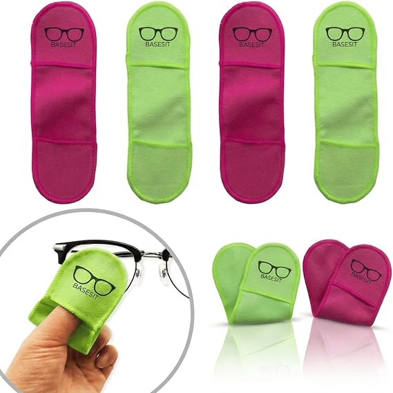 Finger Grip Eyeglass Cleaner (4 Pack) Premium Microfiber Glasses Cleaning Cloth for Eyeglasses, Sunglasses, Phone Screen & Camera Lens (Rose/Green)