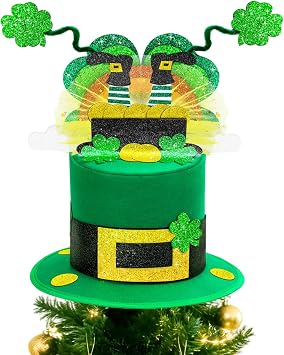 St. Patricks Day Tree Topper Hat, Large Felt St. Patrick's Green Top Hat Tree Decorations, Irish Shamrock Leprechaun Tree Topper Hat Ornaments for St. Patrick's Day Holiday Party Home Decor