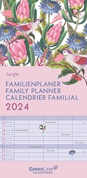 GreenLine Jungle 2024 Family Planner, Wall Calendar, Family Calendar, 22 x 45 cm, Small