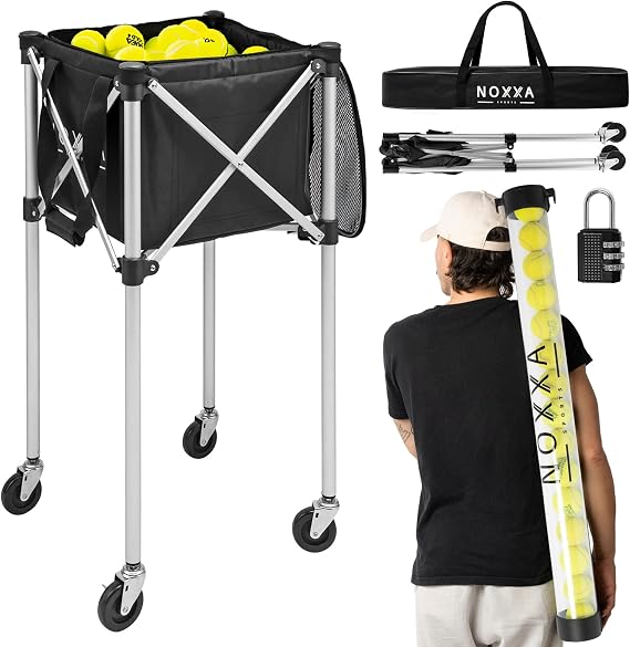 Tennis and Pickleball Ball Hopper with Pickup Tube Pickleball Tennis Ball Basket with Wheels, 150 Tennis Ball or 120 Pickleball Ball Holder Capacity, Indoor and Outdoor
