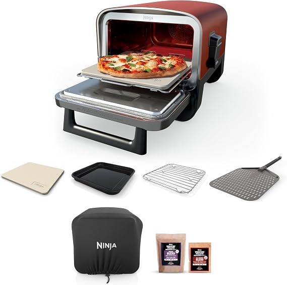 Ninja OO101 Woodfire 8-in-1 Outdoor Oven, Pizza Oven, 700F, BBQ Smoker, Portable, Electric, Terracotta Red with XSKOPPL Pizza Peel+XSKOCVR Cover + XSKOP2R Woodfire Pellets