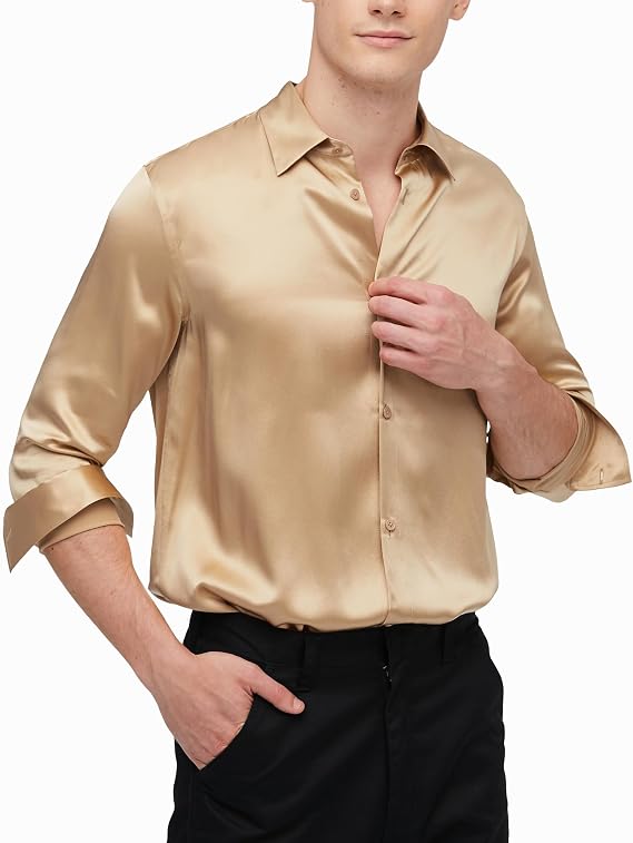 LilySilk 100% Mulberry Silk Men Basic Shirt Dress Top for Formal Casual Long Sleeves Versatile