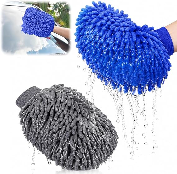 2pcs Microfiber Car Wash Mitt, Professional Cleaning Microfibre Sponge Mitts, Anti-Scratch Microfiber Detailing Glove, Lightweight & Durable, Gently Removes Dirt, Grey and Blue
