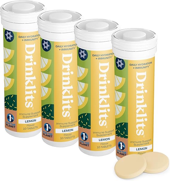 Drinklits Lemon Daily Immune Support Tablets (4) Tube Bundle | Vitamin C Boost - 0g Sugar - Electrolytes - Immunity Herbal Blend | 40 Servings 10 Tablets per Tube