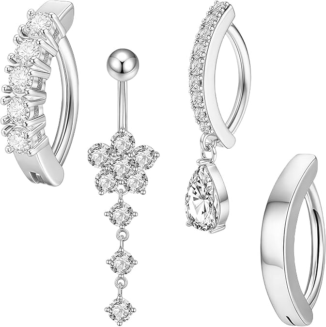 4Pcs Dangle Belly Button Rings, 14G Silver CZ Navel Piercing for Women | Reverse Curved CZ Navel Rings, Dangle Flower Floating Navel Bar, Body Belly Button for Women Girls