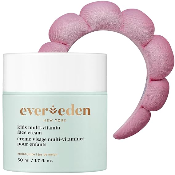 Evereden Skin Care for Kids: Melon Juice Cream, 1.7 oz | Multi-Vitamin Face Lotion & Non-Toxic Moisturizer | Adorable Terry Spa & Makeup Headband