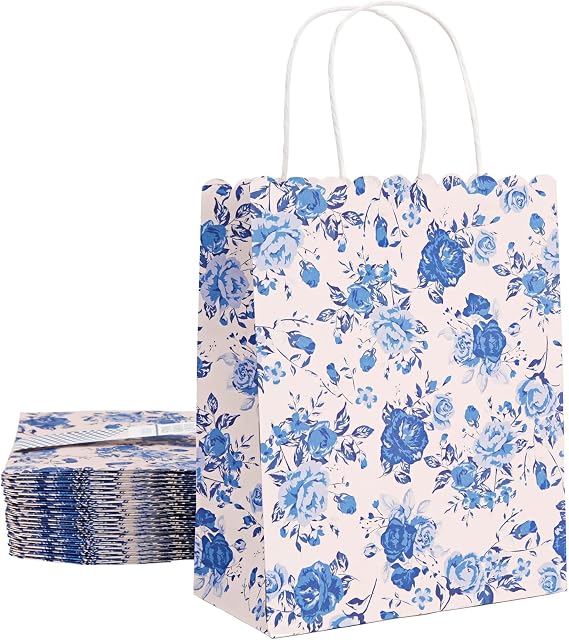 Sparkle and Bash Floral Party Favor Bags - 24-Pack, 10 x 8 x 4 In, Blue & Pink - Reusable Paper with Handles for Thank You Gift Bags at Wedding, Bridal & Baby Shower