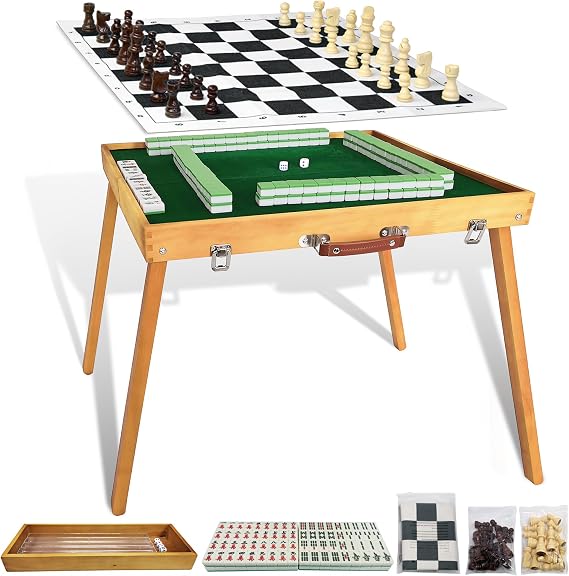 Foldable Mahjong Table with Mahjong Tiles Set,2026 Upgraded Portable Majong Table with 144pcs Tiles,1x Storage Box, 1x Storage Bag and 4 All in One Racks and Pushers,1xchess Pieces