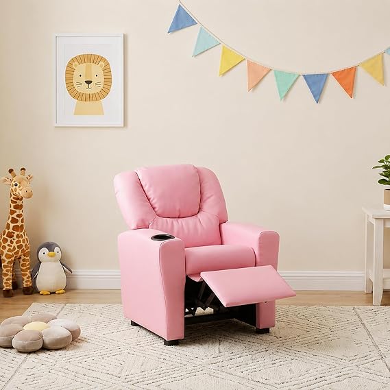 Naomi Home Suri Kids Recliner Chair for Toddlers Ages 3-5, Pink PVC | Kids Recliner Chair with Cup Holder, Footrest, Solid Hardwood Frame and 150 lb Capacity For Growing Toddlers