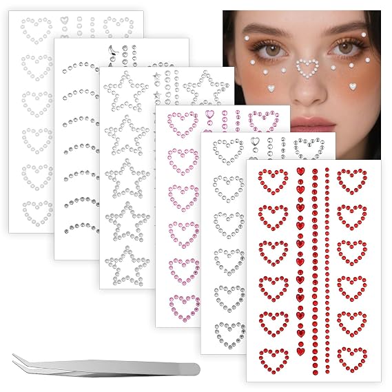 6Sheet Face Gems, Self Adhesive Facial Jewels with Tweezer