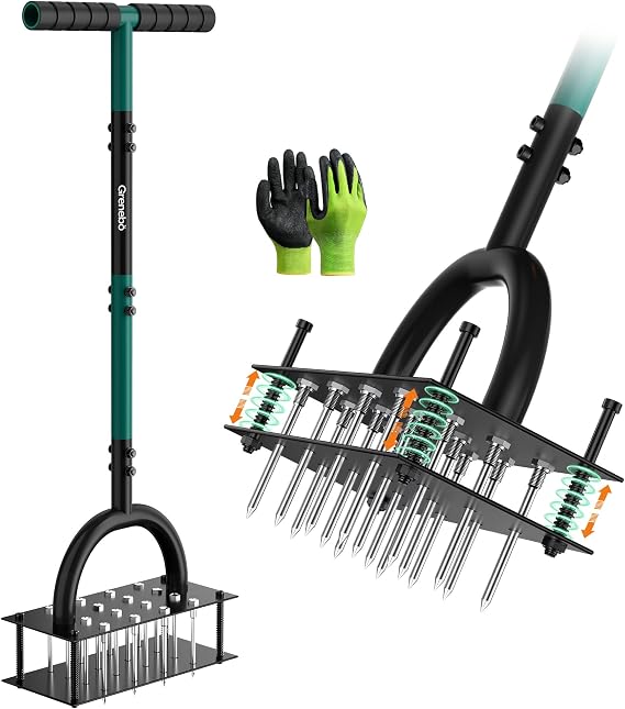 Grenebo Lawn Aerator Tool with 16 Spikes, Manual Yard Aerator, Dark Green