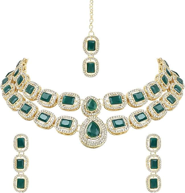 I Jewels Gold Plated Indian Wedding Bollywood Stone Choker Necklace Jewellery With Earring & Maang Tikka Set For Women