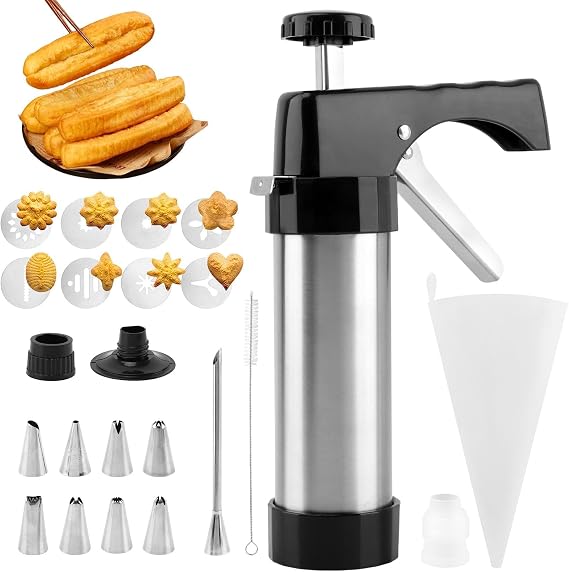 Churro Maker Machine, Churro Making Kit Stainless Steel Churro Gun Kit Piping Bag Churros Filler Churro Press with Piping Bag, Churro Filler, 8 Cookie Discs and 8 Tips, 2 Brushes, Easy to Clean