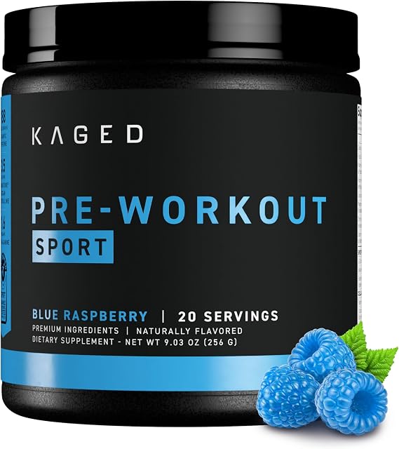 Kaged Sport Pre Workout Powder for Men & Women, Blue Razz, Sport Certified, 188mg Caffeine, Nitric Oxide Supplement, Beta Alanine for Energy, Weightlifting, Cardio Endurance & Strength, 20 Servings