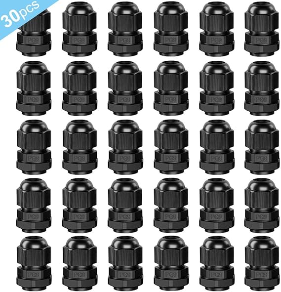 30Pcs Premium Nylon PA66 PG9 Cable Glands, 4-8mm Adjustable IP68 Waterproof, Black