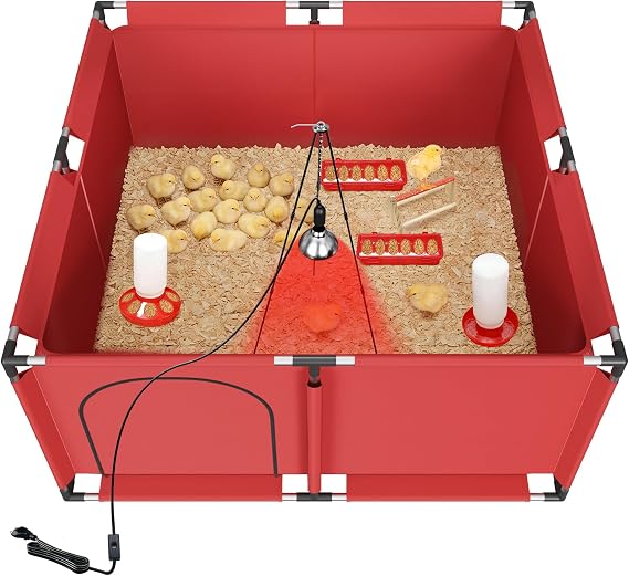 Brooder Box for Chicks, All-in-One Chick Starter Kit, Stainless Steel Frame Baby Chicken Brooder Playpen with 250W Heat Lamp, Perch, Feeder & Waterer Set, Up to 30 Chicks, Square Style