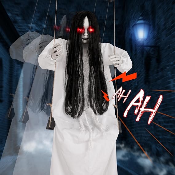 Halloween Decorations Outdoor, Scary Hanging Swinging Girl Props Sound & Slap Activated with Creepy Sound Expressions Light Up Eyes, Halloween Outside Ghosts for Haunted House Yard Lawn Decor