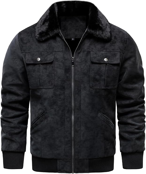 HOOD CREW Mens Faux Suede Bomber Jacket Fur Collar Vintage Leather Jackets Casual Lightweight Winter Warm Fleece Lined Coat