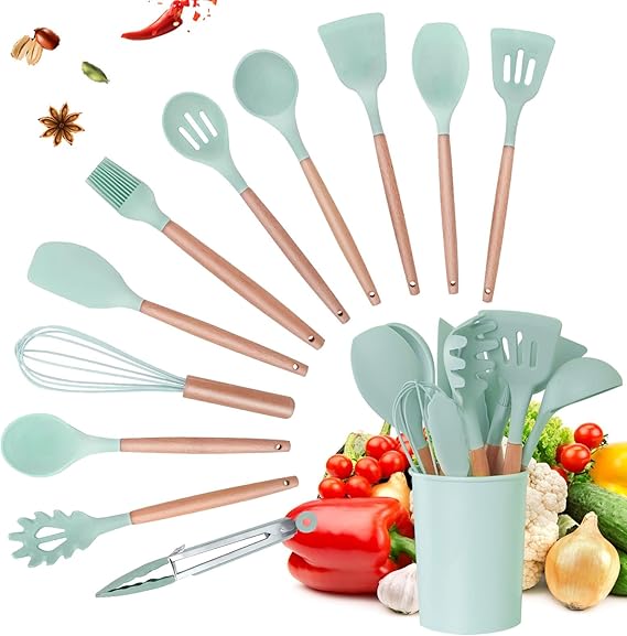 Kitchen Utensil Set 12 Pcs Silicone Cooking Utensils Set with Wooden Handles Non-Stick Heat Resistant Cooking Tools with Holder for Cooking Baking