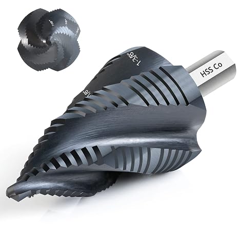 Matework M35 Cobalt Step Drill Bit, Four Spiral Flute Unibit Step Drill Bit (3/16"-1-3/8") Wear-Resistant TiAlN Coated, 3/8" Shank for Metal, Carbon Steel, Stainless Steel, Wood, Plastic (19 Size)