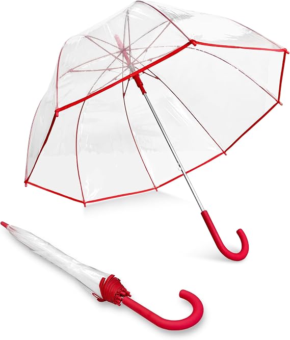 Weather Station Clear Dome Rain Umbrella - Automatic Open, Bubble, Transparent, Red Trim