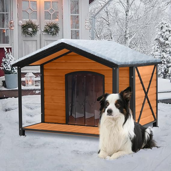 Suumerpety Outdoor Dog House,Weatherproof Wooden Dog Shelter for Small to Medium Sized Dogs,Iron Frame Indoor Outdoor Doghouse,Puppy Kennel,Pets Warm House in Winter with Large Porch