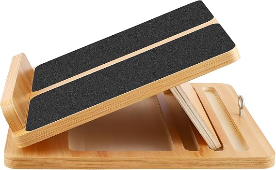 2-in-1 Wooden Slant Board for Calf & Arm Stretching, 4-Level Adjustable Incline Stretching Board with Pull Ring for Home Gym, Portable & Non-Slip
