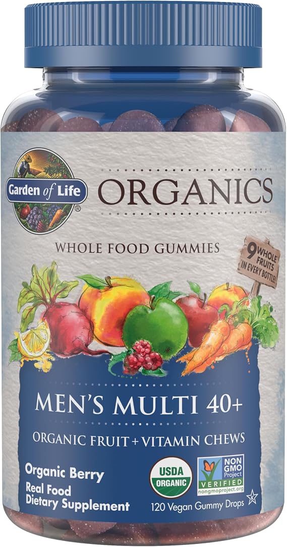Garden of Life Organics Men 40+ Gummy Multivitamin, 120 Gummies | Berry Flavor, Organic Mens Multivitamin, Methylated B12, Vitamins C and D3 for Men Over 40, Vegan, Gluten Free, NonGMO