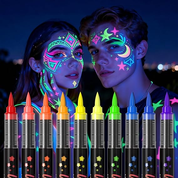 10-color glow-in-the-dark body painting, UV neon face paint brush, glow-in-the-dark face paint set, washable skin tattoo pen, Halloween party makeup (10 colors)