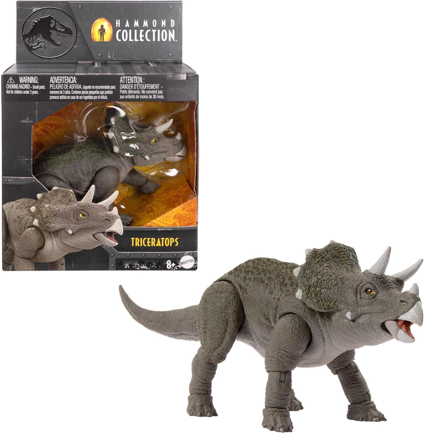 Mattel Jurassic World Hammond Collection Dinosaurier Actionfigur-Spielzeug junger Triceratops Premium-Filmdesign mit Glasaugen und 14 Bewegungspunkten JDJ07 [Mehrfarbig]