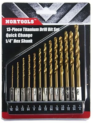 NORTOOLS Hex Shank Drill Bit Set 13 PCS High Speed Steel Titanium Coated Twist Drill Bits 14 Inch Quick Change Hex Driver Set for Wood Plastic Aluminum Alloy 116 - 14