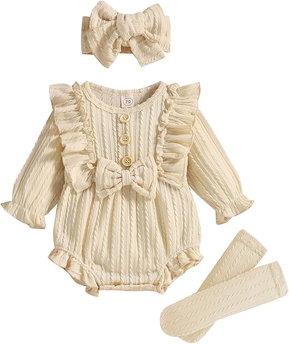 GRNSHTS Newborn Baby Girl Clothes Ruffle Solid Sweater Long Sleeve Romper+Hairband+Socks 3Pcs Fall Winter Outfits