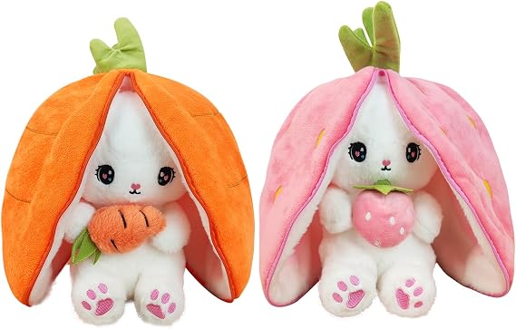 YUMEYA Bunny Stuffed Animal Reversible Cuddle Stuffed Pillow,Strawberry Transformed Rabbit Plush Zipper,Cute Kawaii Rabbit Toys Pillow Decoration for Kids