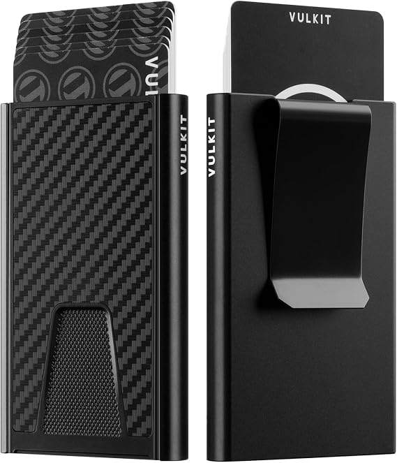 VULKIT Credit Card Holder RFID Blocking with Money Clip, Carbon Black