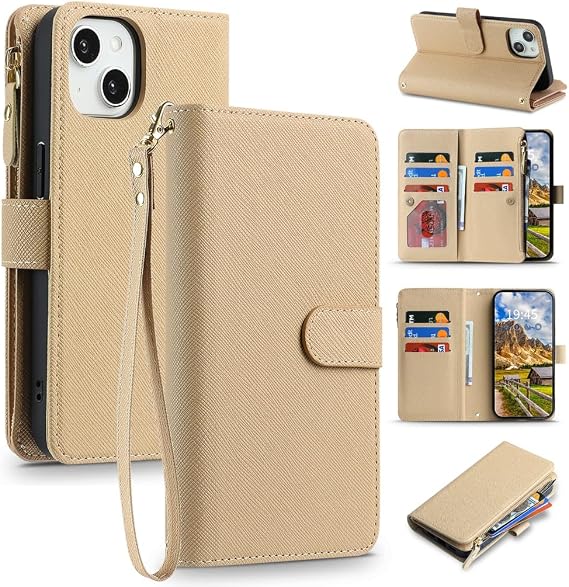 Wallet Case for iPhone 14/13 with Wrist Strap,6.1",Apricot | for Women Men,9 Card Slots,Wrist Strap,Zipper Cash Pocket, Magnetic Cover Case,PU Leather