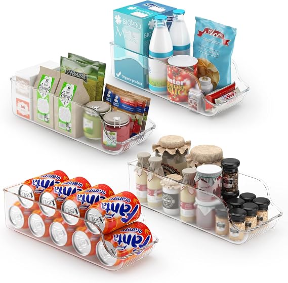 Refrigerator Organizer Bins, 4 Pack Plastic Clear Pop Soda Can Dispenser Holder Drink Water Beverage Dispenser for Fridge, Freezer, Pantry, Kitchen, Countertop and Cabinet - Canned Food Storage Bins