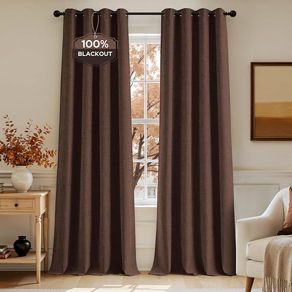 HOMEIDEAS 100% Blackout Brown Linen Curtains 52W x 84L 2 Panels