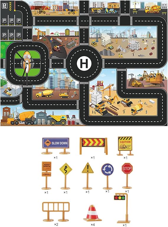 Traffic Road Signs Toys & Construction Play Mat for Vehicle Set, Play Car Accessories Toys