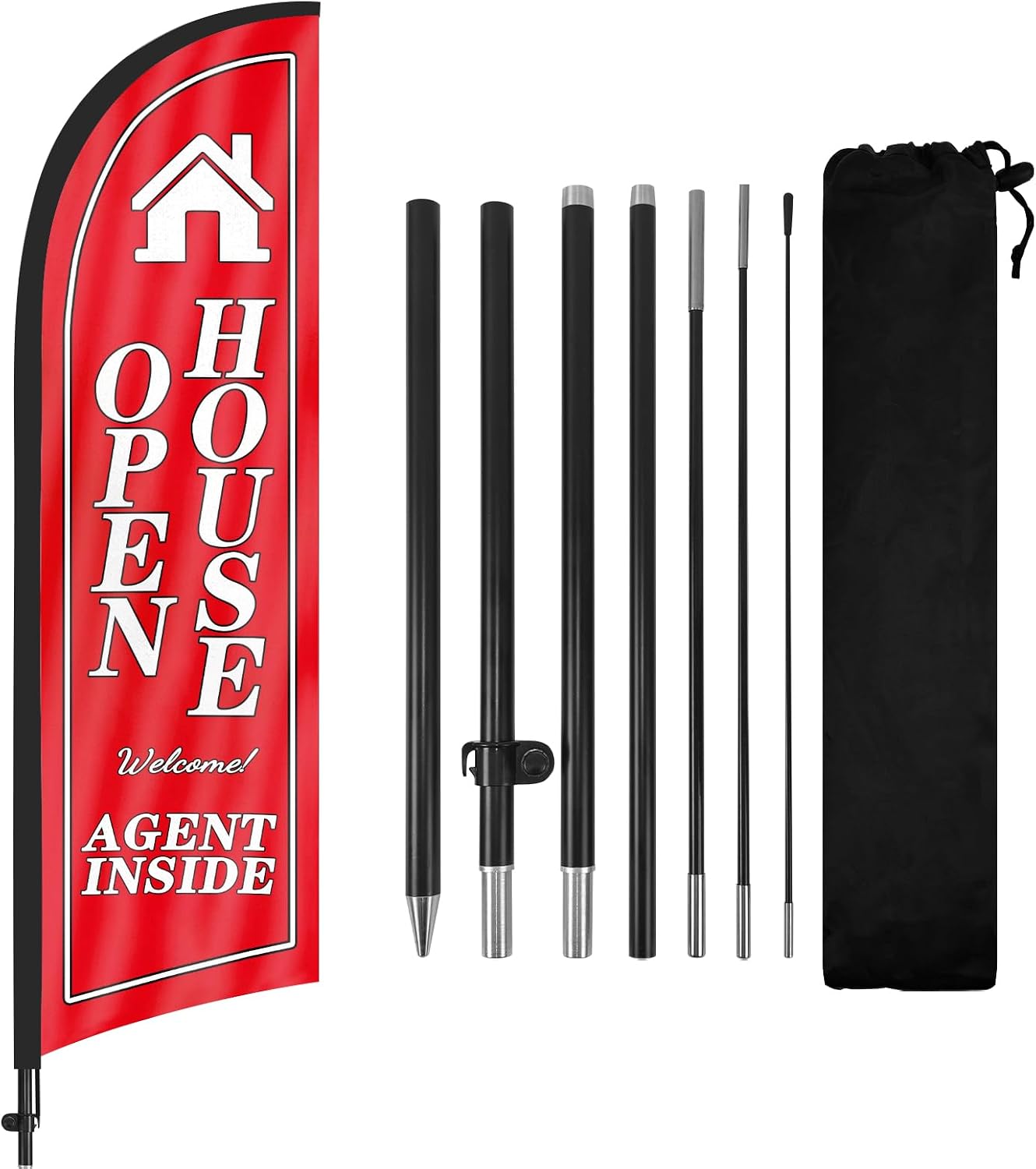 Open House Flags for Real Estate Agents With Pole Kit and Ground Stake 8Ft, Signs for Outside, Banner BlackWhiteRed