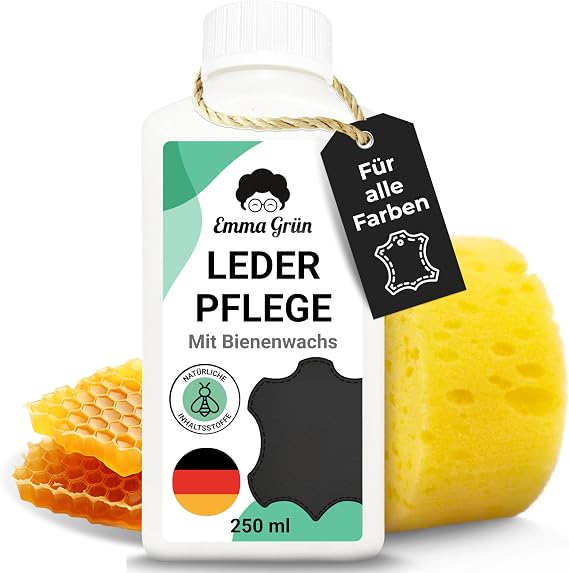Emma Grün® Lederpflege für Ledercouch & Sofa 250ml [MIT BIENENWACHS] - Glatt- & Kunstleder Pflege - Lederpflege Auto Autositze - Pflegemittel Sofa Jacken & Autoleder (+SCHWAMM) - Made in Germany