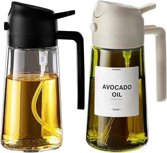 TrendPlain 2-Pack 16oz Olive Oil Dispenser Set - Original & Light-Blocking Bottles with Stickers - Black & White
