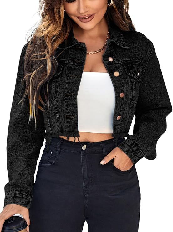 Floerns Women's Cropped Denim Jean Jacket Raw Hem Long Sleeve Button Down