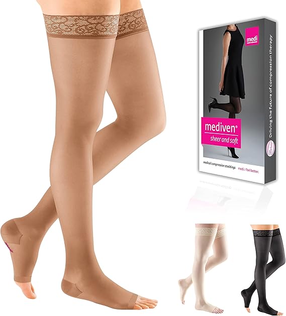 Mediven Sheer & Soft for Women 2030 mmHg Thigh High Compression Stockings | Sheer graduated open toe thigh high compression stockings with silicone top band for all-day comfort for women.
